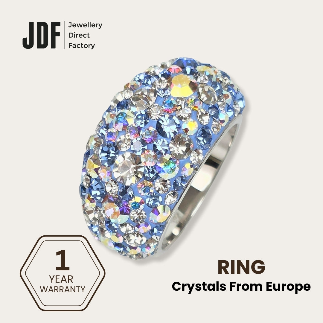 Exclusive Wide Band Ring with Crystals From Europe, Crystal Ring, Blue, Crystals From Europe, One-Year Warranty - Jewellery Direct Factory in alabaster background