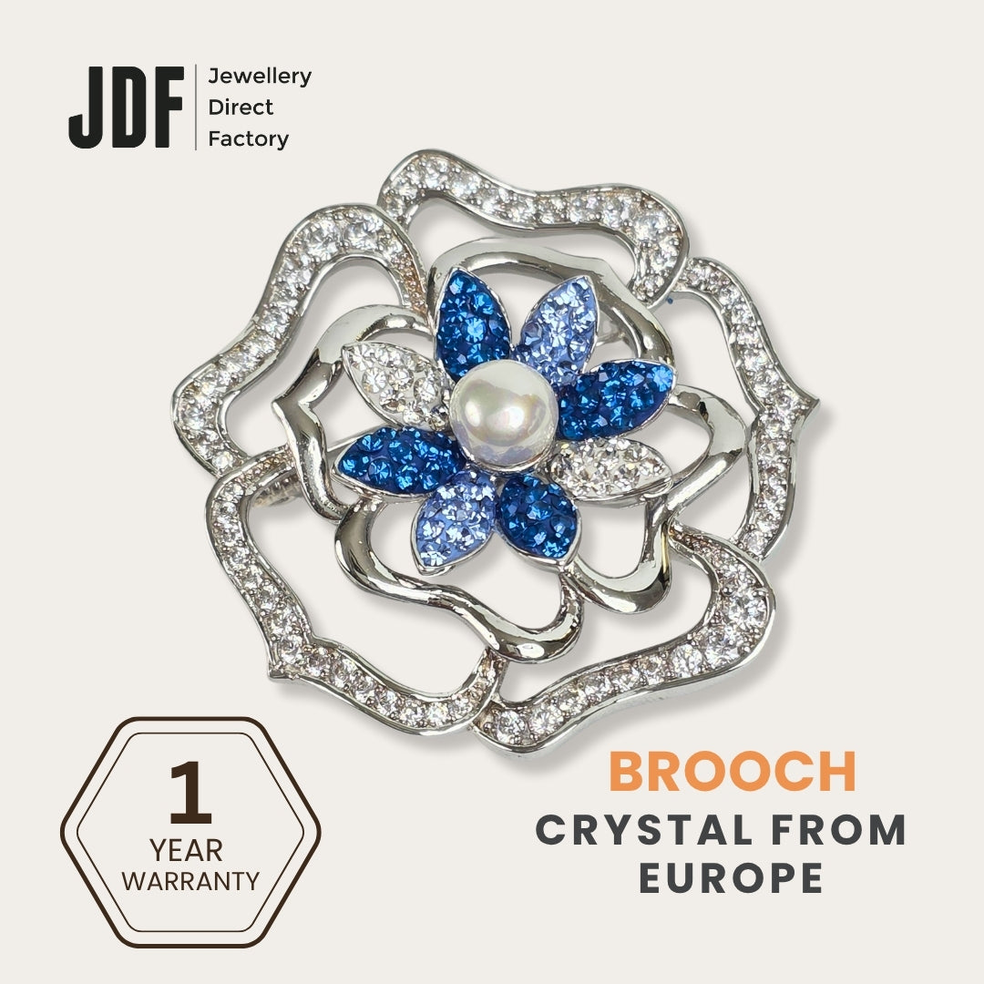 Luxurious Flower Brooch with Crystals from Europe, Brooch, Blue, Crystals from Europe, One-Year Warranty - Jewellery Direct Factory in alabaster background