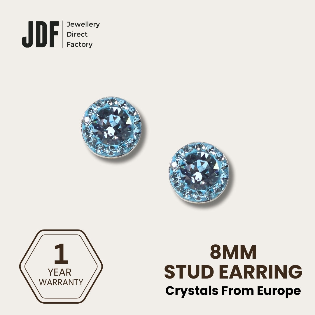 Mini Halo Round Stud Earrings with Crystals from Europe, Crystal Earrings, Blue, Crystals from Europe, One-Year Warranty - Jewellery Direct Factory in alabaster background