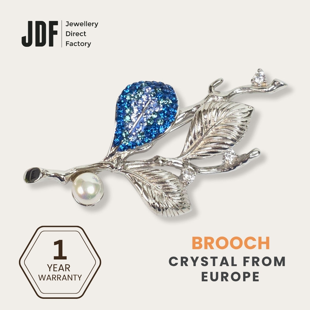 Pearl Leaves Brooch with Crystal From Europe, Brooch, Blue, Crystals from Europe, One-Year Warranty - Jewellery Direct Factory in alabaster background