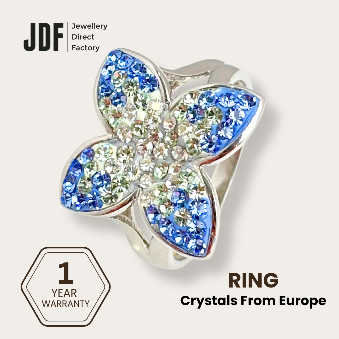 Queen Butterfly Ring with Crystals From Europe, Crystal Ring, Blue, Crystals From Europe, One-Year Warranty - Jewellery Direct Factory in alabaster background