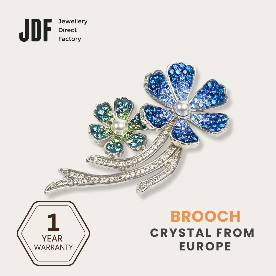 Twin Blossom Pearl Brooch with Crystal From Europe, Brooch, Blue, Crystals from Europe, One-Year Warranty - Jewellery Direct Factory in alabaster background