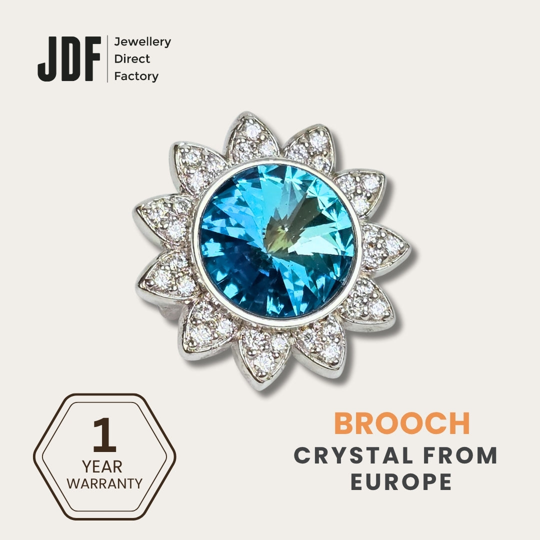 Blooming Sunflower Brooch with Crystals from Europe, Brooch, Blue Zircon, Crystals from Europe, One-Year Warranty - Jewellery Direct Factory in alabaster background