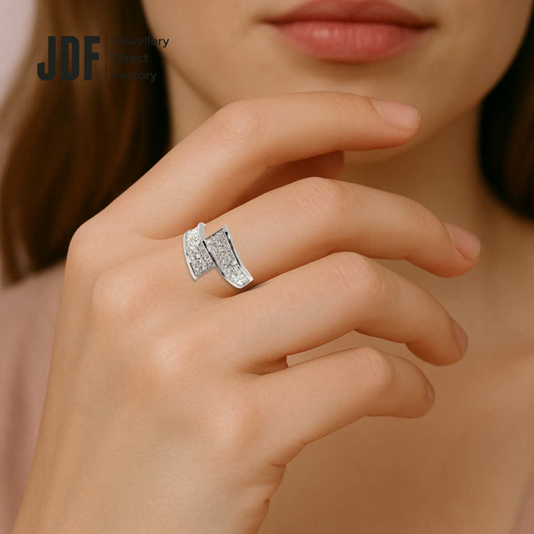 Bypass Pave Ring with Crystal From Europe, Ring, Worn on Finger by Model, Crystals from Europe, One-Year Warranty - Jewellery Direct Factory in alabaster background