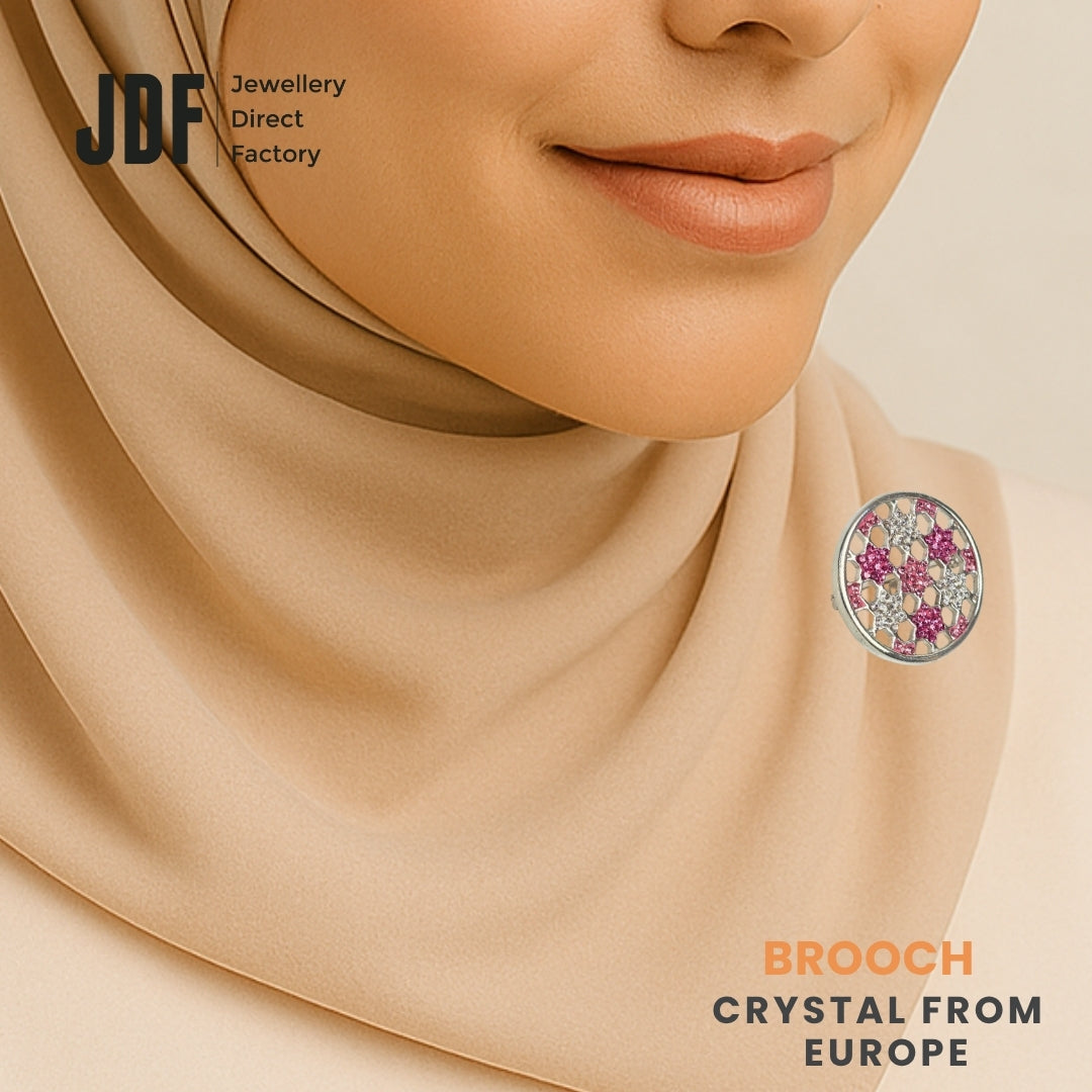 Celestial Star Chain Brooch with European Crystals, Brooch, Worn on Tudung by Model, Crystals from Europe, One-Year Warranty - Jewellery Direct Factory in alabaster background