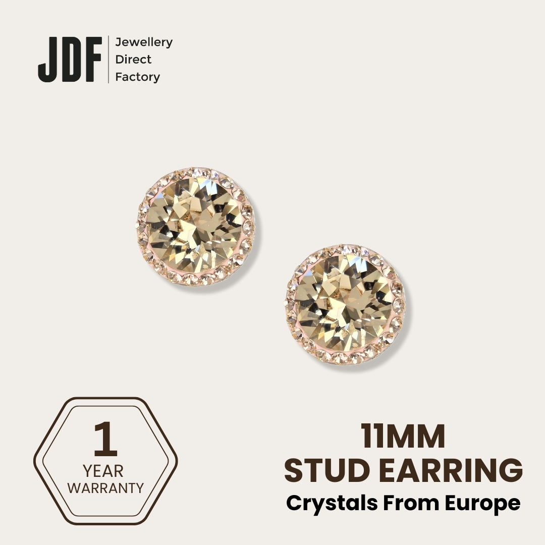 Halo Round Stud with Crystals from Europe, Earrings, Champagne, Crystals from Europe, One-Year Warranty - Jewellery Direct Factory in alabaster background