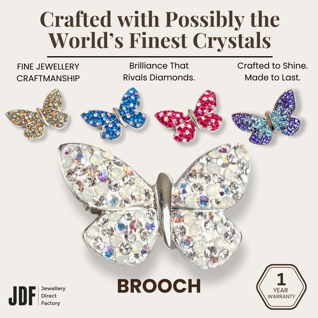 Charming Butterfly Brooch with Crystals from Europe, Brooch, White, Red, Gray, Blue, Purple, Crystals from Europe, One-Year Warranty - Jewellery Direct Factory in alabaster background