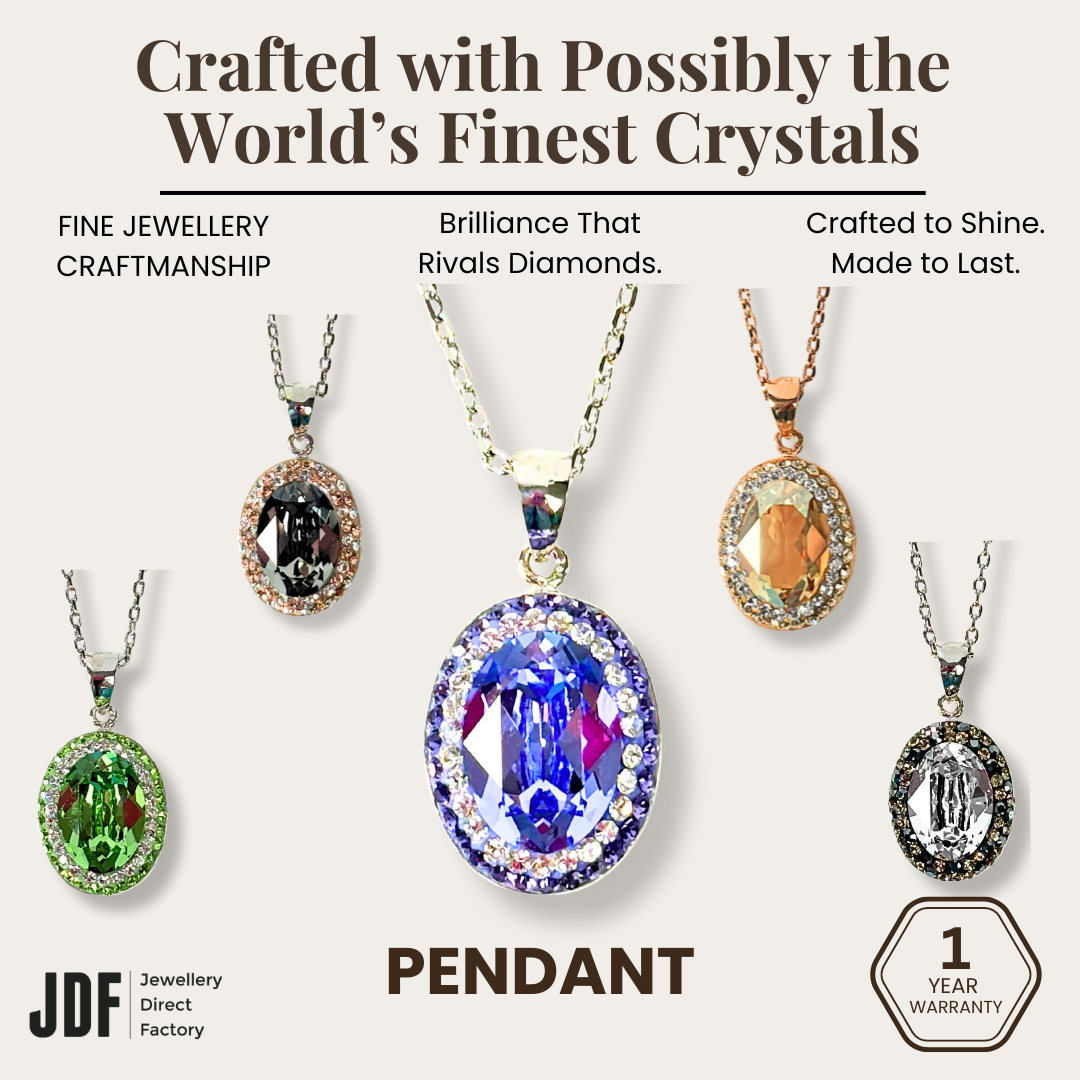 Classic Oval Pendant with Crystal From Europe, Crystal Pendant, Rose Gold Champagne Purple Silver Green, Crystal From Europe, One-Year Warranty - Jewellery Direct Factory in alabaster background