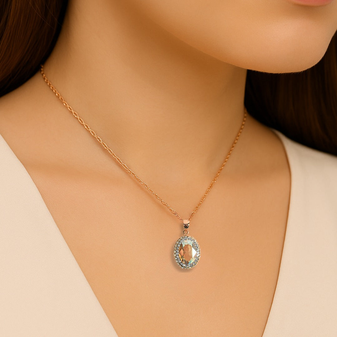 Classic Oval Pendant with Crystal From Europe, Crystal Pendant, Worn by Woman Model, Crystal From Europe, One-Year Warranty - Jewellery Direct Factory in alabaster background