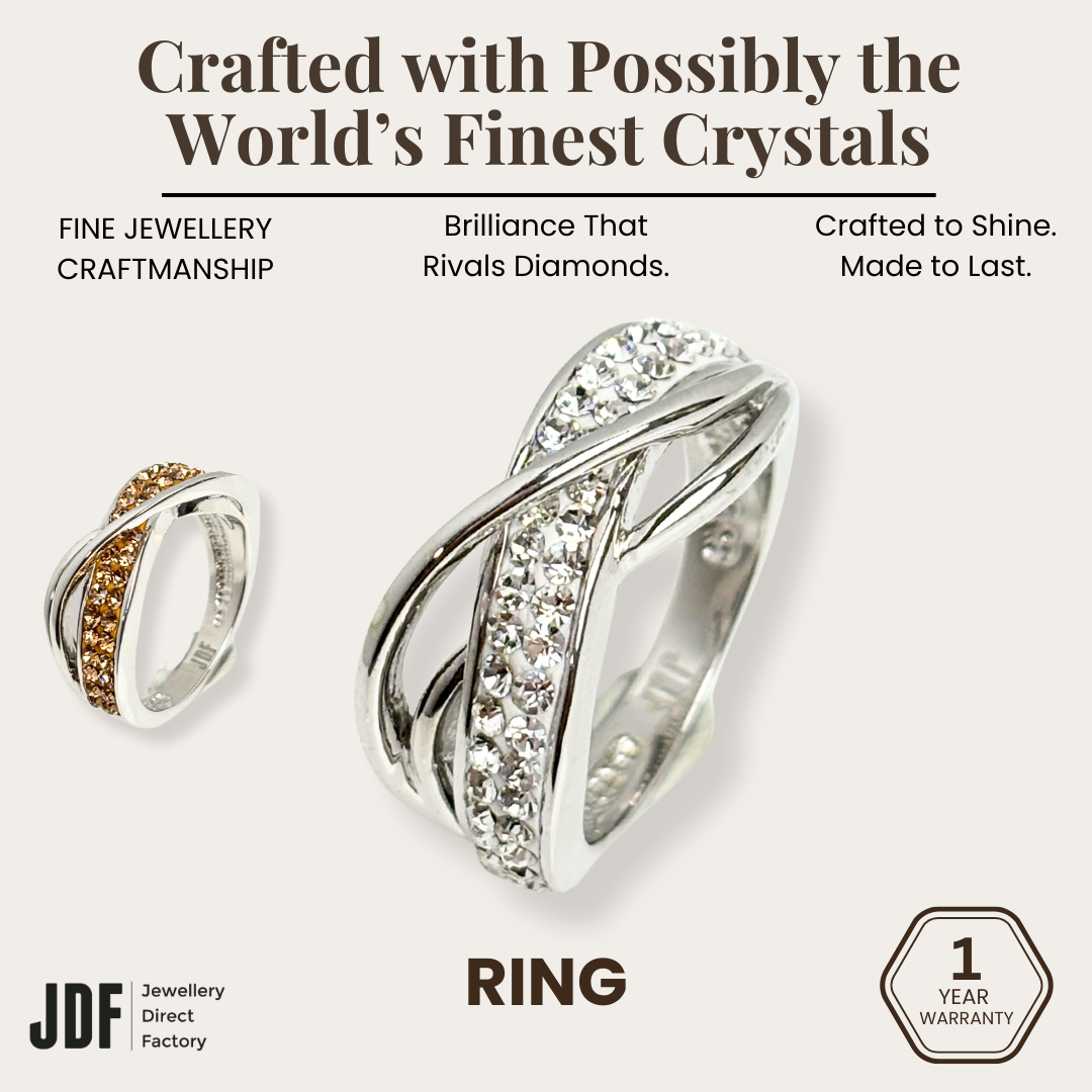 Crisscross Solitaire Ring with Crystal From Europe, Crystal Ring, White Gold, Crystal From Europe, One-Year Warranty - Jewellery Direct Factory in alabaster background