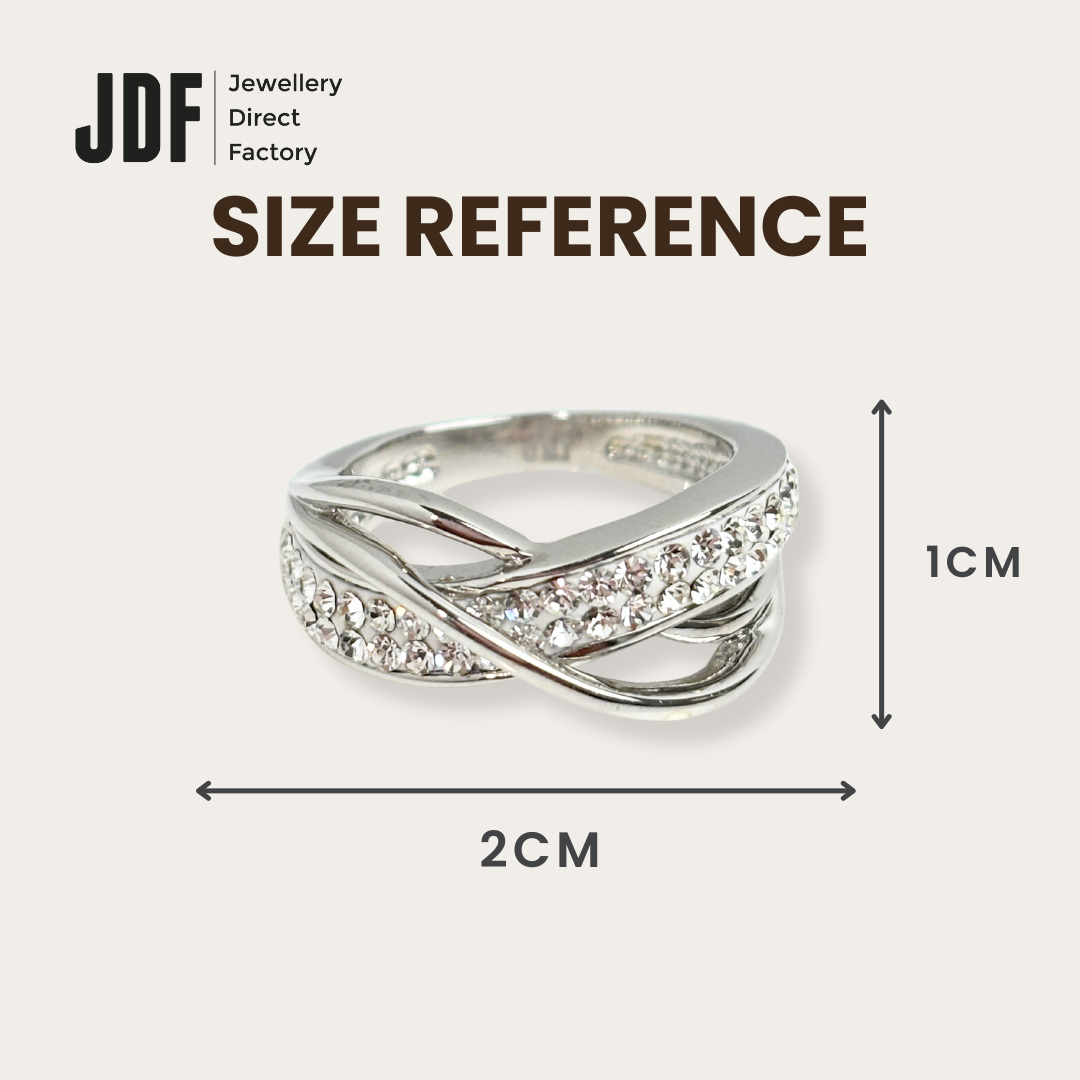 Crisscross Solitaire Ring with Crystal From Europe, Crystal Ring, Size Reference, Crystal From Europe, One-Year Warranty - Jewellery Direct Factory in alabaster background