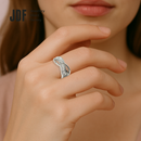 Crisscross Solitaire Ring with Crystal From Europe, Crystal Ring, Worn by Woman Model, Crystal From Europe, One-Year Warranty - Jewellery Direct Factory in alabaster background