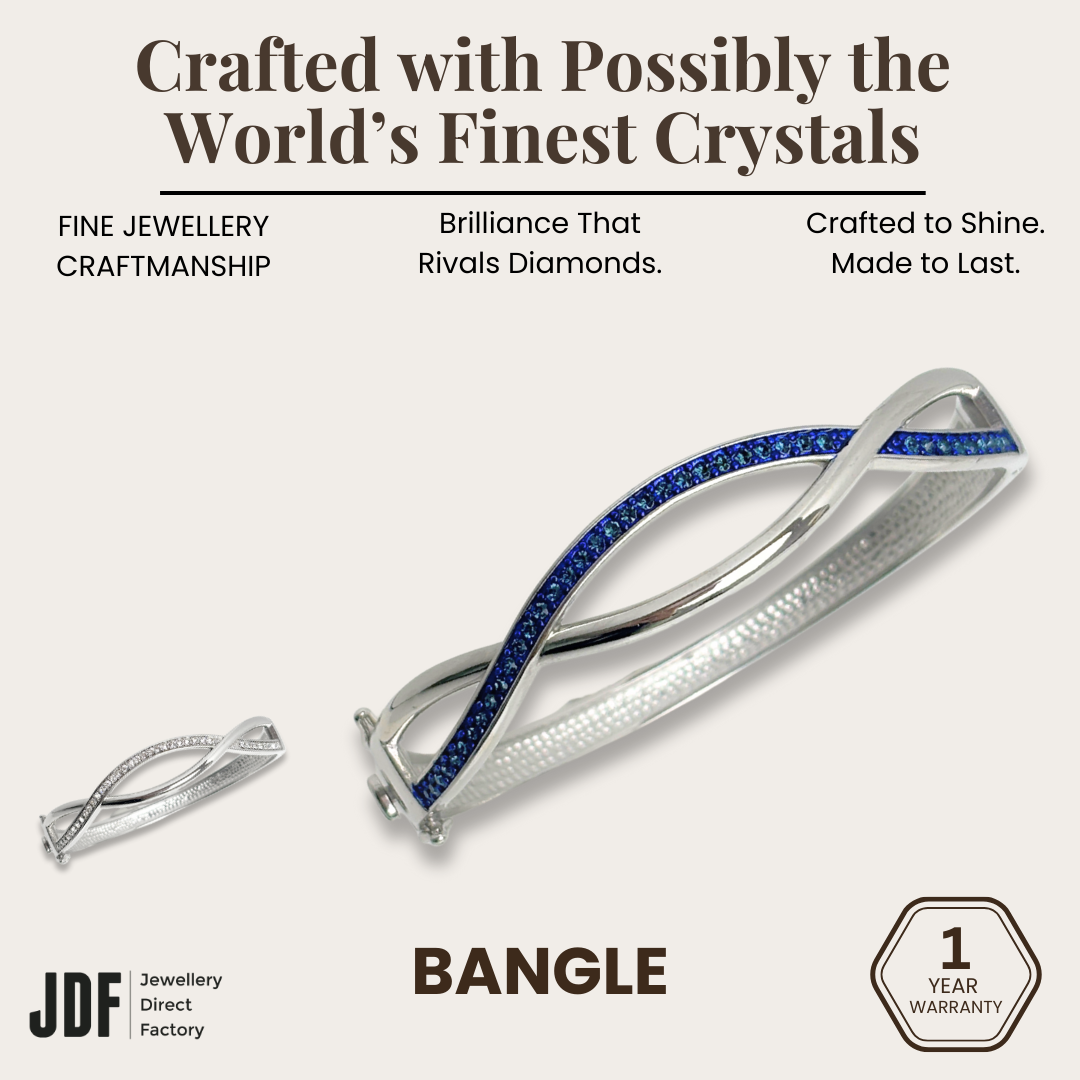 Crossover Radiance Bangle, Bracelet, Blue, White, One-Year Warranty - Jewellery Direct Factory in alabaster background