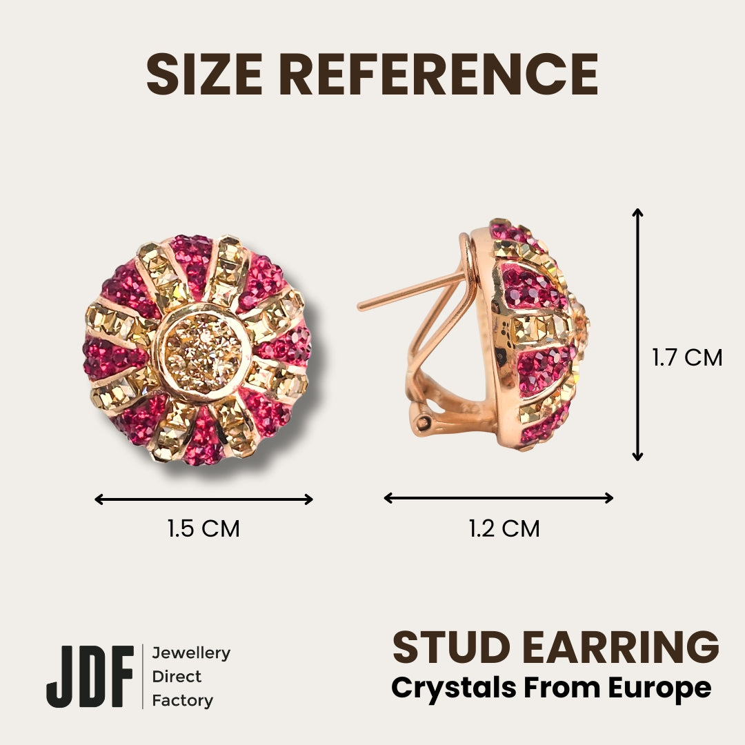 Crown Elegant Omega Claps Earrings with Crystals from Europe, Crystal Earrings, Size Reference, Crystals from Europe, One-Year Warranty - Jewellery Direct Factory in alabaster background