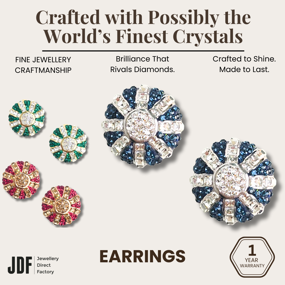 Crown Elegant Omega Claps Earrings with Crystals from Europe, Crystal Earrings, Pink, Green, Blue, Crystals from Europe, One-Year Warranty - Jewellery Direct Factory in alabaster background