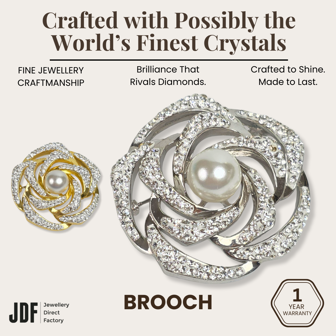 Crystal Flower Brooch with Crystals from Europe, Brooch, Yellow Gold, White Gold, Crystals from Europe, One-Year Warranty - Jewellery Direct Factory in alabaster background