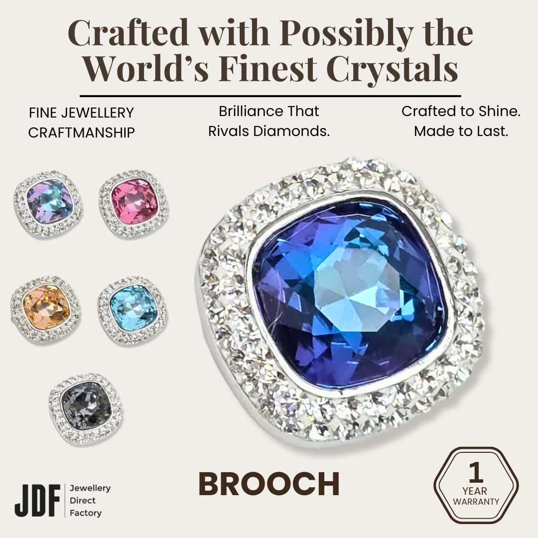 Crystal Square Brooch with Crystals from Europe, Brooch, Blue, Light Blue, Peach, Pink, Gray, Aqua, Crystals from Europe, One-Year Warranty - Jewellery Direct Factory in alabaster background