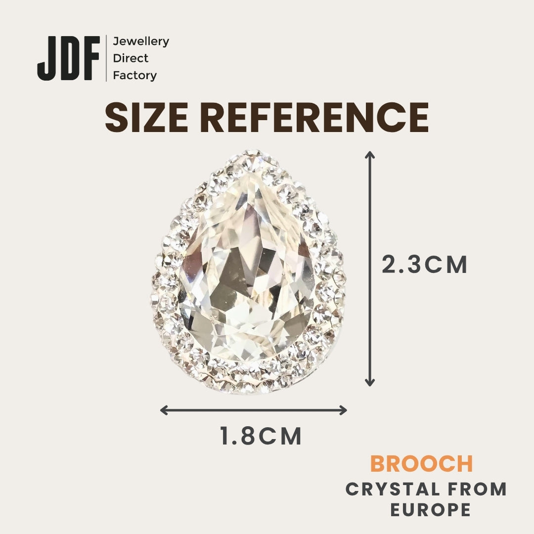 Crystal Water Drop Brooch with Crystal From Europe, Brooch, Size Reference, Crystals from Europe, One-Year Warranty - Jewellery Direct Factory in alabaster background