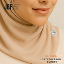 Crystal Water Drop Brooch with Crystal From Europe, Brooch, Worn on Tudung by Model, Crystals from Europe, One-Year Warranty - Jewellery Direct Factory in alabaster background