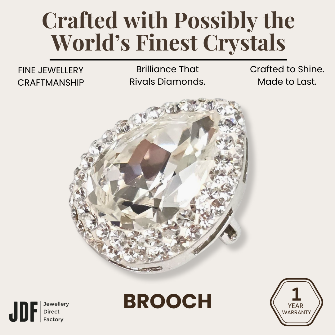 Crystal Water Drop Brooch with Crystal From Europe, Brooch, White, Crystals from Europe, One-Year Warranty - Jewellery Direct Factory in alabaster background
