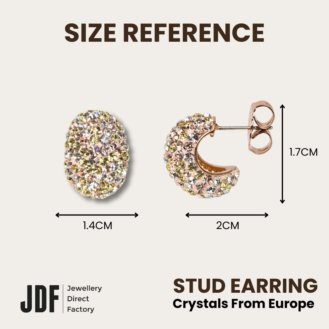 Curved Hoop Earrings with Crystals from Europe, Crystal Earrings, Size Reference, Crystals from Europe, One-Year Warranty - Jewellery Direct Factory in alabaster background