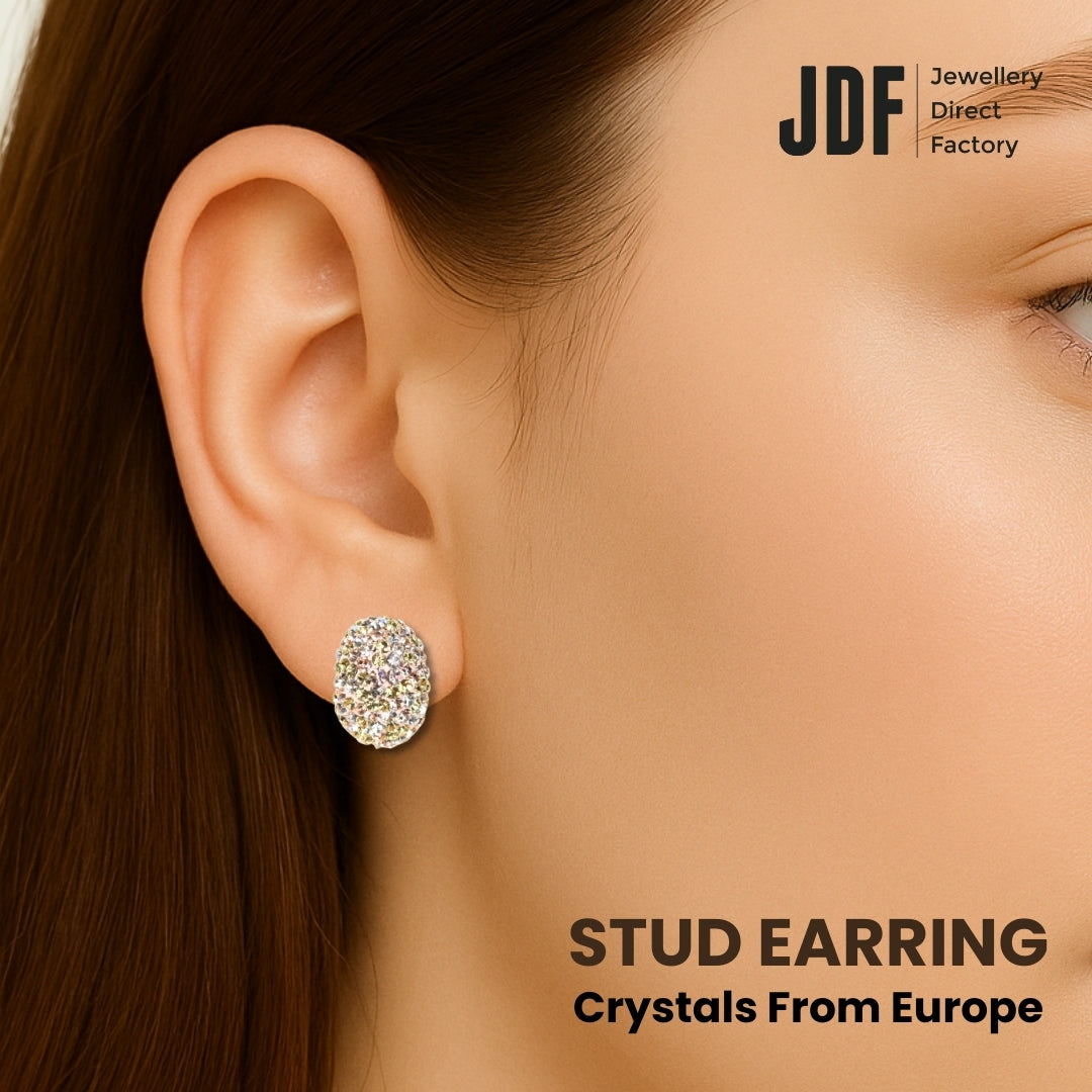 Curved Hoop Earrings with Crystals from Europe, Crystal Earrings, Worn by Model, Crystals from Europe, One-Year Warranty - Jewellery Direct Factory in alabaster background
