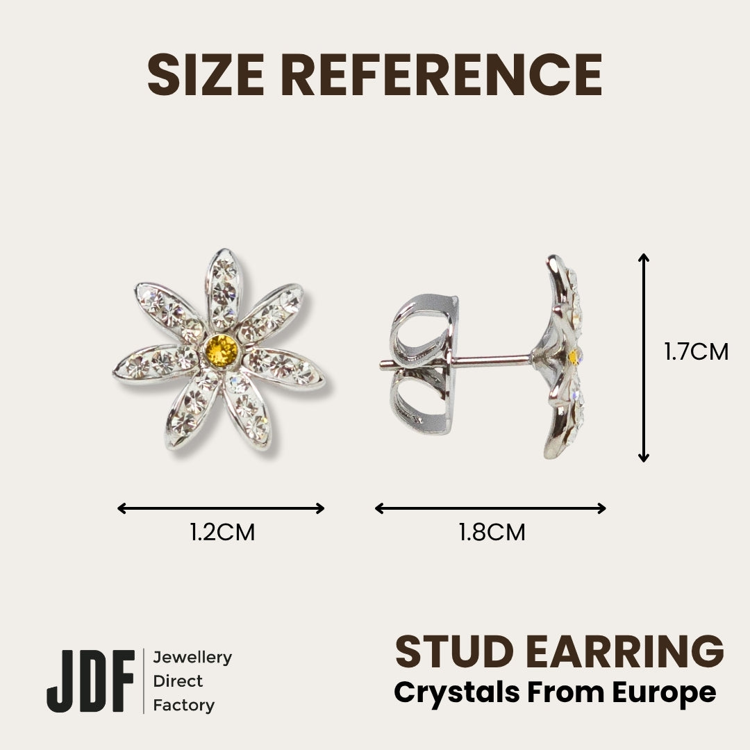 Daisy Flower Stud Earrings with Crystals from Europe, Crystal Earrings, Size Reference, Crystals from Europe, One-Year Warranty - Jewellery Direct Factory in alabaster background