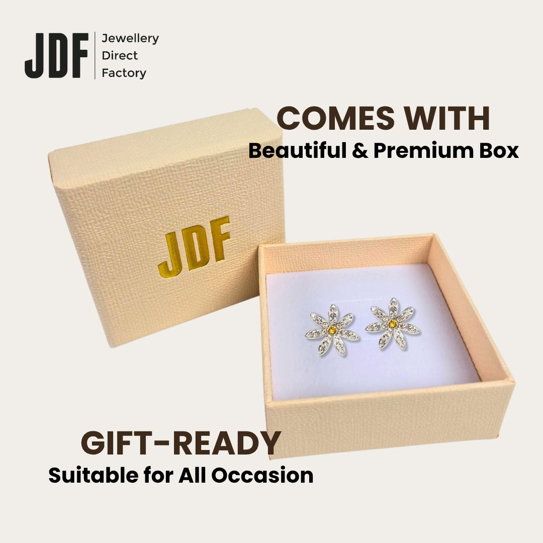 Daisy Flower Stud Earrings with Crystals from Europe, Crystal Earrings, Packaging Display, Crystals from Europe, One-Year Warranty - Jewellery Direct Factory in alabaster background