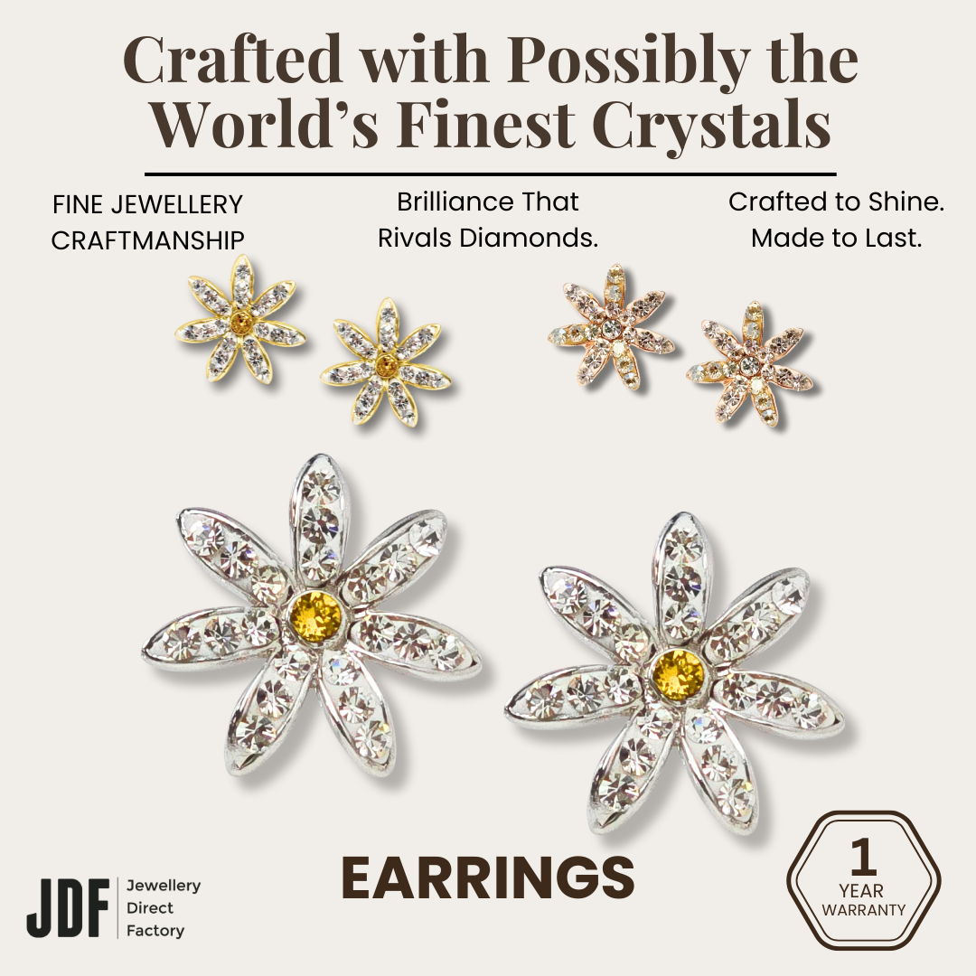 Daisy Flower Stud Earrings with Crystals from Europe, Crystal Earrings, White, Rose Gold, Yellow Gold, Crystals from Europe, One-Year Warranty - Jewellery Direct Factory in alabaster background