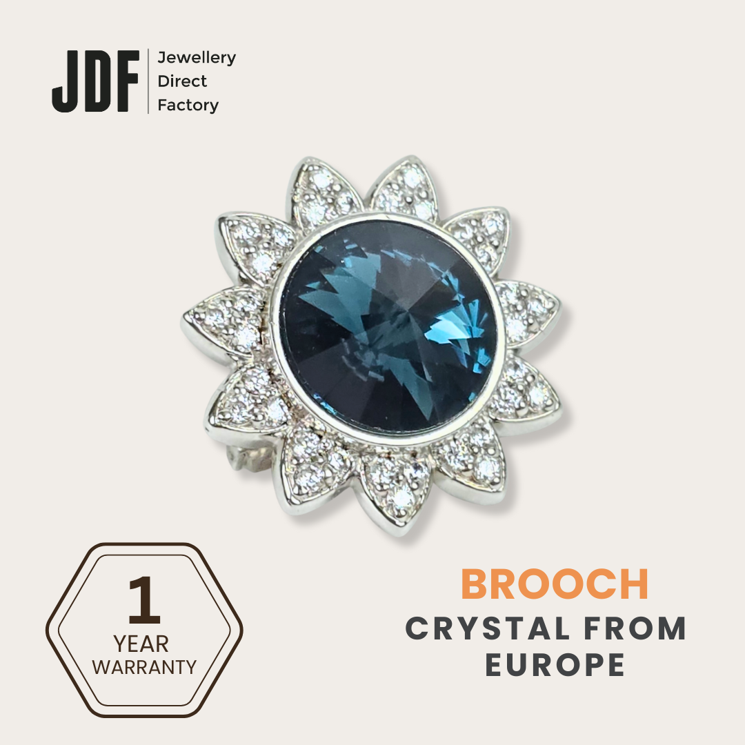 Blooming Sunflower Brooch with Crystals from Europe, Brooch, Dark Blue, Crystals from Europe, One-Year Warranty - Jewellery Direct Factory in alabaster background