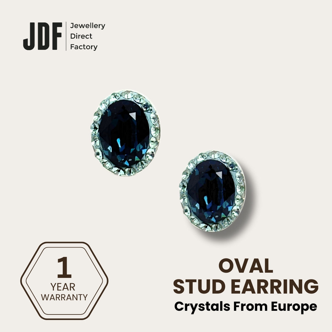Elegant Oval Stud Earrings with Crystals from Europe, Crystal Earrings, Dark Blue, Crystals from Europe, One-Year Warranty - Jewellery Direct Factory in alabaster background