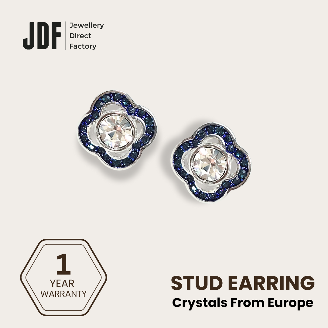 Quatrefoil Solitaire Stud Earrings, Earrings, Dark Blue, Crystals from Europe, One-Year Warranty - Jewellery Direct Factory in alabaster background