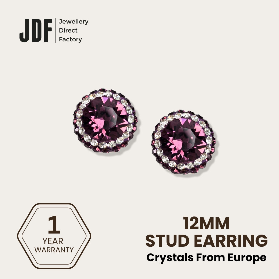 Double Halo Stud Earring with Crystals From Europe, Earrings, Dark Purple, Crystals from Europe, One-Year Warranty - Jewellery Direct Factory in alabaster background