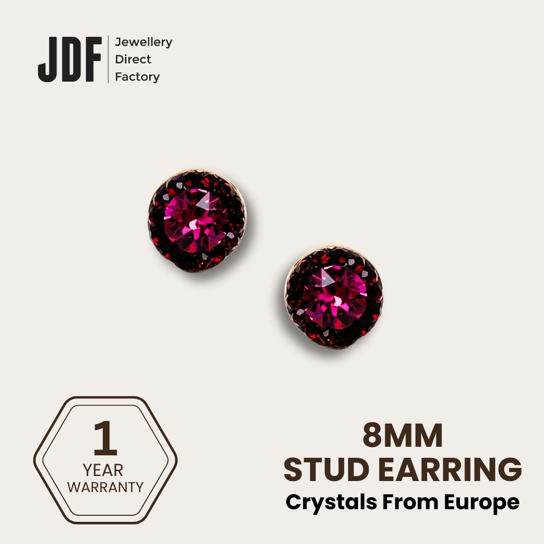 Mini Halo Round Stud Earrings with Crystals from Europe, Crystal Earrings, Dark Purple, Crystals from Europe, One-Year Warranty - Jewellery Direct Factory in alabaster background