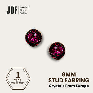 Mini Halo Round Stud Earrings with Crystals from Europe, Crystal Earrings, Dark Purple, Crystals from Europe, One-Year Warranty - Jewellery Direct Factory in alabaster background