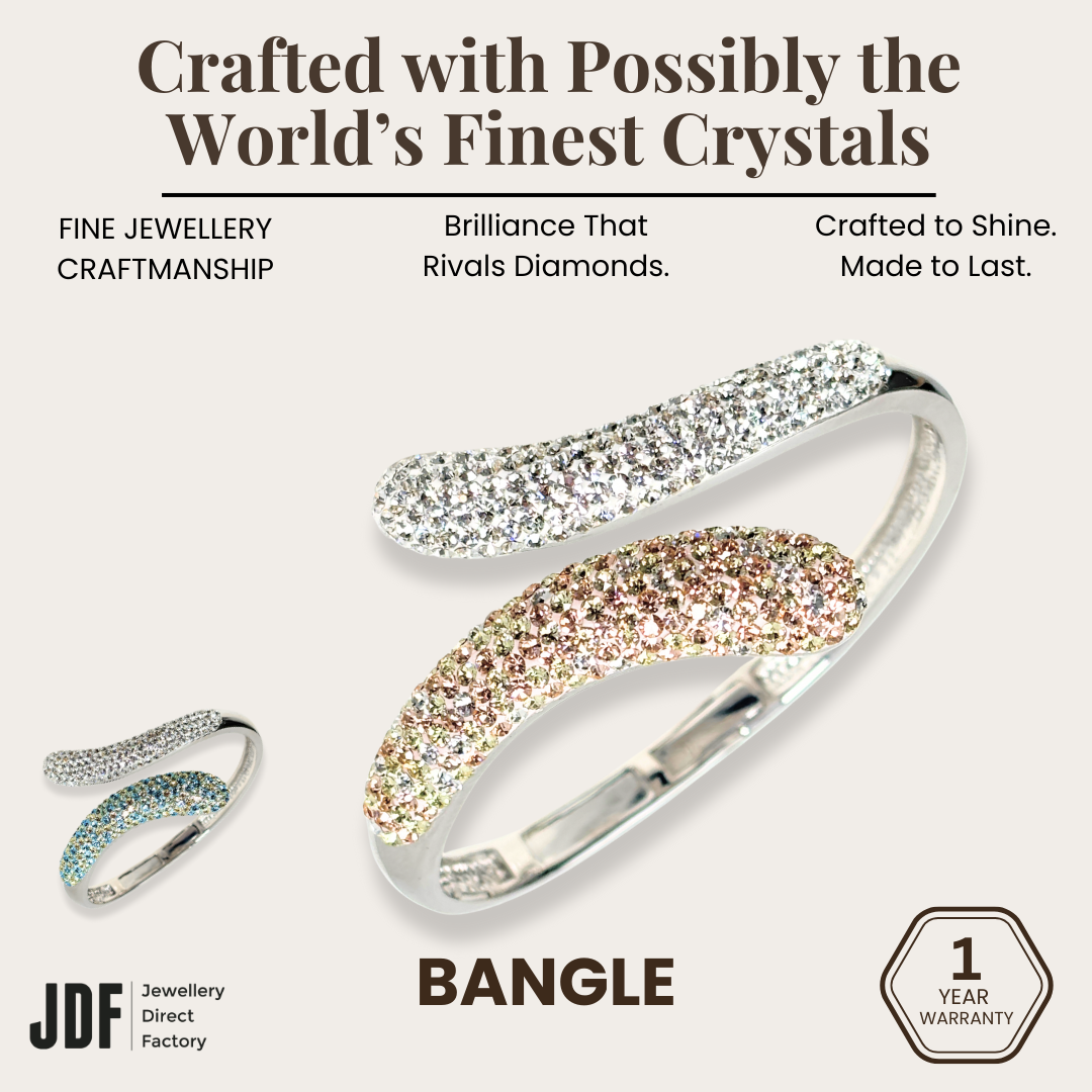 Dazzle Duo European Crystal Bangle, Crystal Bangle, Gold Aqua, Crystal From Europe, One-Year Warranty - Jewellery Direct Factory in alabaster background