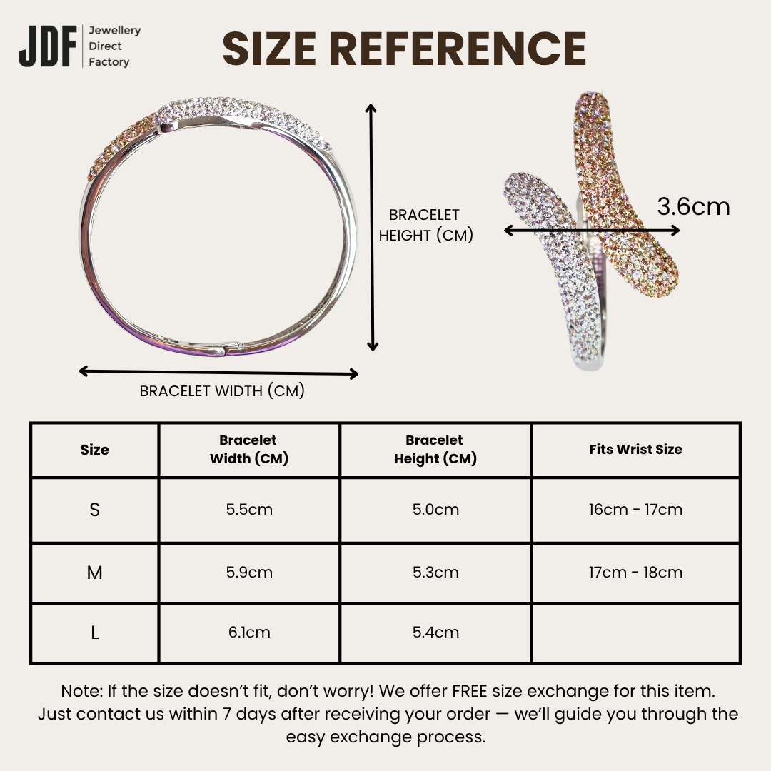 Dazzle Duo European Crystal Bangle, Crystal Bangle, Size Reference, Crystal From Europe, One-Year Warranty - Jewellery Direct Factory in alabaster background