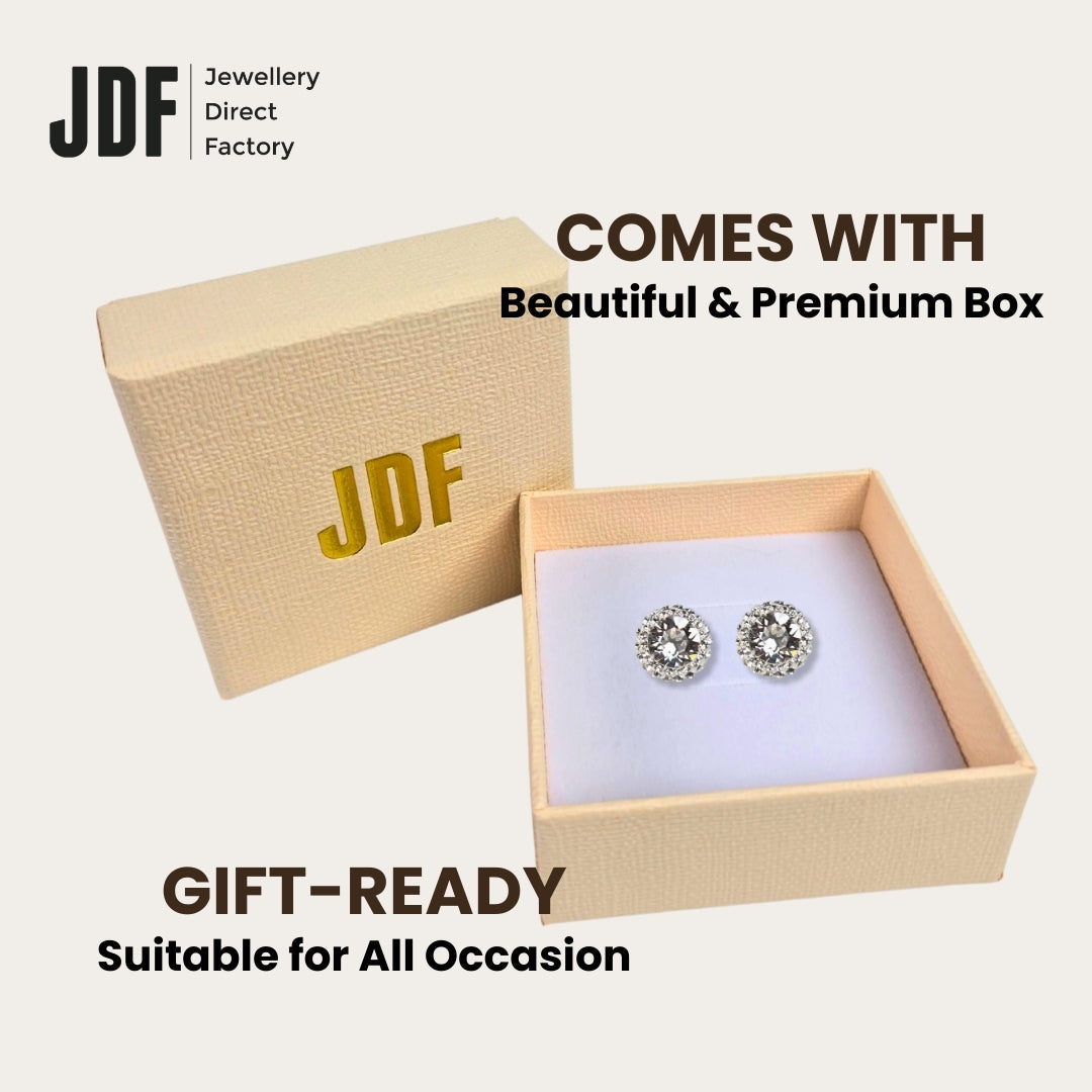 Double Halo Stud Earring with Crystals From Europe, Earrings, Packaging Display, Crystals from Europe, One-Year Warranty - Jewellery Direct Factory in alabaster background