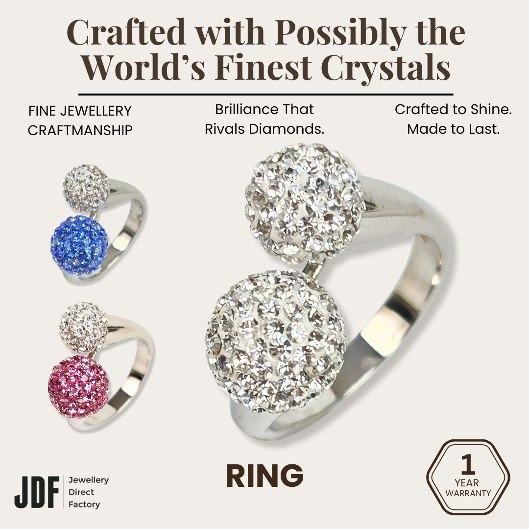 Double Lollipop Ring with Crystal From Europe, Crystal Ring, White Blue Pink, Crystal From Europe, One-Year Warranty - Jewellery Direct Factory in alabaster background