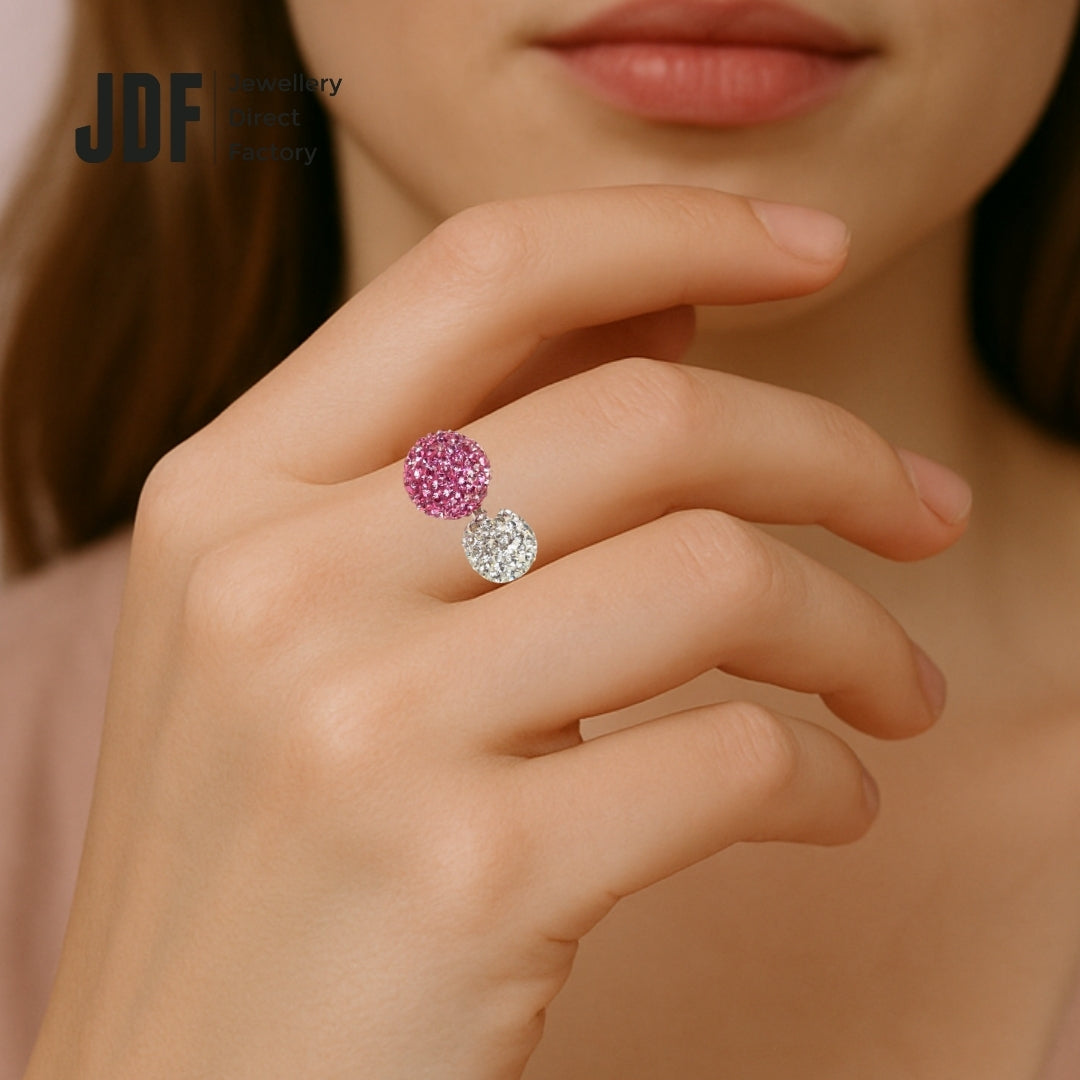 Double Lollipop Ring with Crystal From Europe, Crystal Ring, Worn by Woman Model, Crystal From Europe, One-Year Warranty - Jewellery Direct Factory in alabaster background
