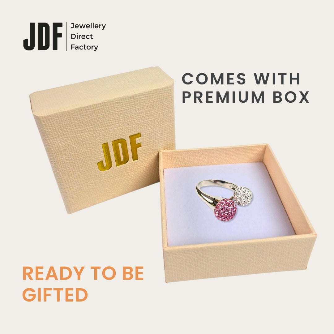 Double Lollipop Ring with Crystal From Europe, Crystal Ring, Inside Jewellery Box Packaging, Crystal From Europe, One-Year Warranty - Jewellery Direct Factory in alabaster background