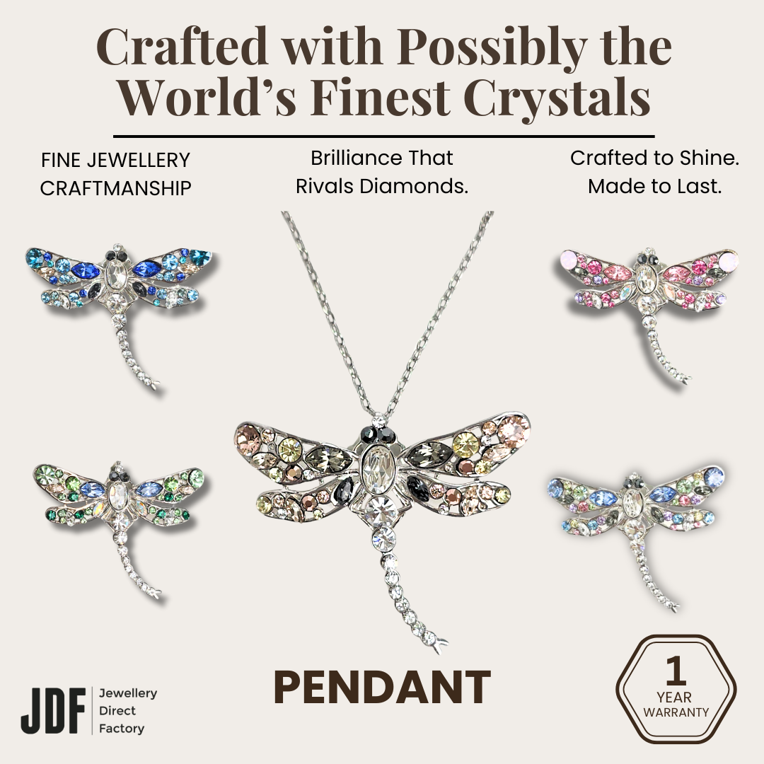 Dragonfly Pendant with Crystal From Europe, Crystal Pendant, Pink Rose Gold Blue Green Pastel, Crystal From Europe, One-Year Warranty - Jewellery Direct Factory in alabaster background