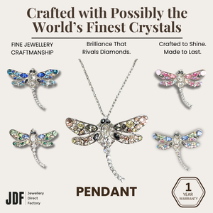 Dragonfly Pendant with Crystal From Europe, Crystal Pendant, Pink Rose Gold Blue Green Pastel, Crystal From Europe, One-Year Warranty - Jewellery Direct Factory in alabaster background