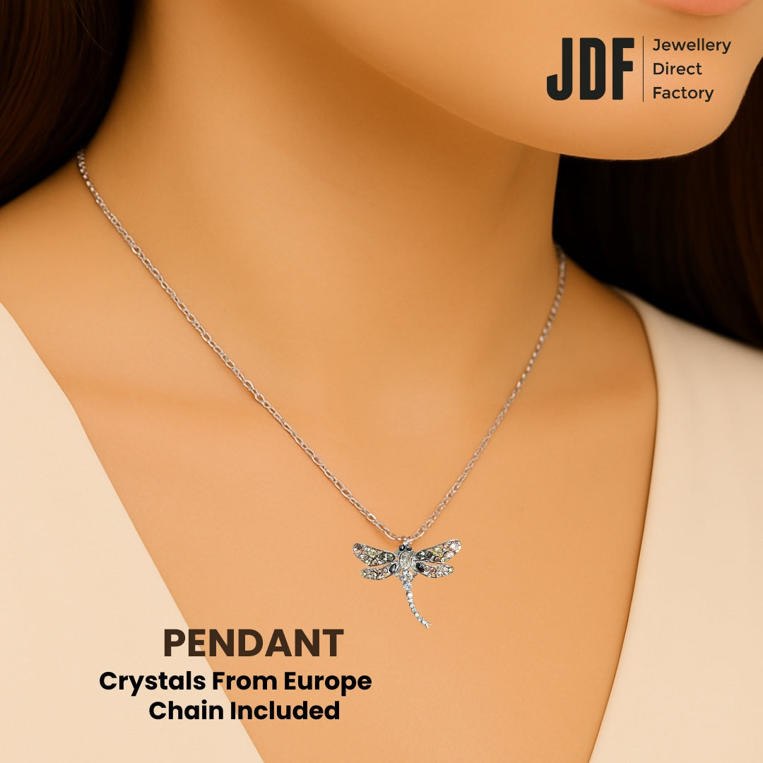 Dragonfly Pendant with Crystal From Europe, Crystal Pendant, Worn by Woman Model, Crystal From Europe, One-Year Warranty - Jewellery Direct Factory in alabaster background