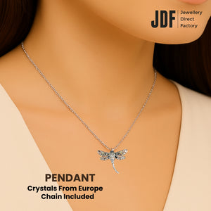 Dragonfly Pendant with Crystal From Europe, Crystal Pendant, Worn by Woman Model, Crystal From Europe, One-Year Warranty - Jewellery Direct Factory in alabaster background