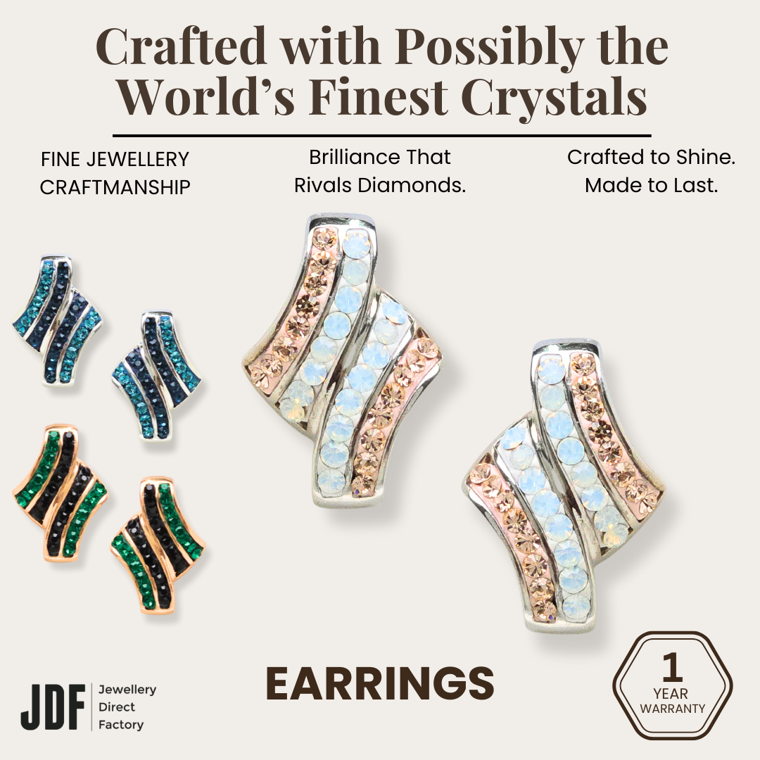 Elegance Twist Earrings with Crystals from Europe, Crystal Earrings, White, Blue, Green, Crystals from Europe, One-Year Warranty - Jewellery Direct Factory in alabaster background