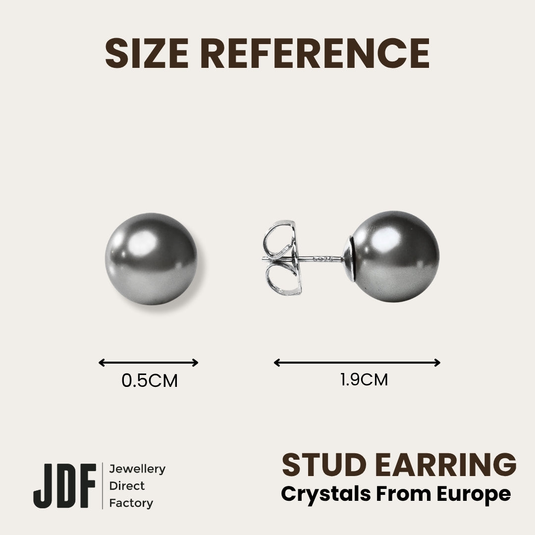Elegant 12mm Pearl Stud Earrings with Crystals from Europe, Crystal Earrings, Size Reference, Crystals from Europe, One-Year Warranty - Jewellery Direct Factory in alabaster background