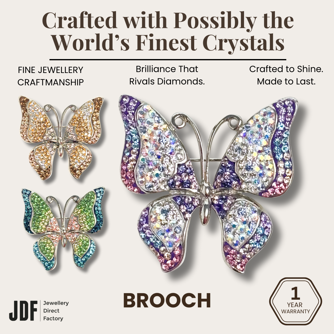 Elegant Butterfly Brooch with Crystal from Europe, Brooch, Champagne, Green, Purple, Crystal from Europe, One-Year Warranty - Jewellery Direct Factory in alabaster background