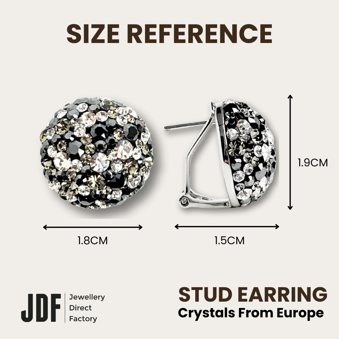 Elegant Dome Earclips with Crystals from Europe, Crystal Earrings, Size Reference, Crystals from Europe, One-Year Warranty - Jewellery Direct Factory in alabaster background