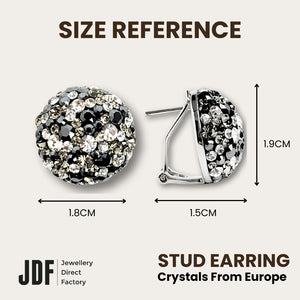 Elegant Dome Earclips with Crystals from Europe, Crystal Earrings, Size Reference, Crystals from Europe, One-Year Warranty - Jewellery Direct Factory in alabaster background